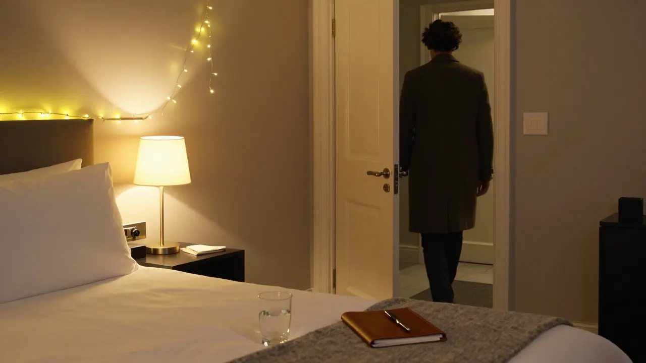 A professional London hotel room with minimal decor, water, and a notebook, suggesting a respectful, consensual encounter after careful communication.