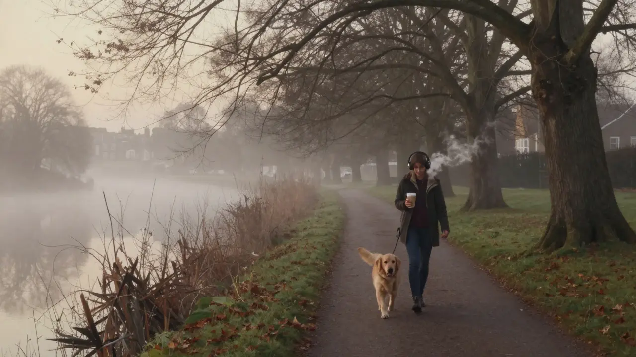 A quiet dawn walk along the Long Water trail with a woman and her dog, surrounded by mist and bare trees.