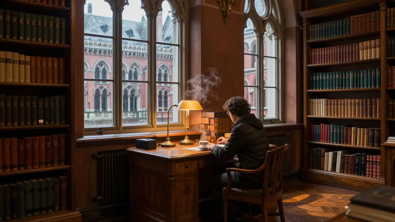 A quiet moment in St Pancras Library's historic reading room with a solo reader.