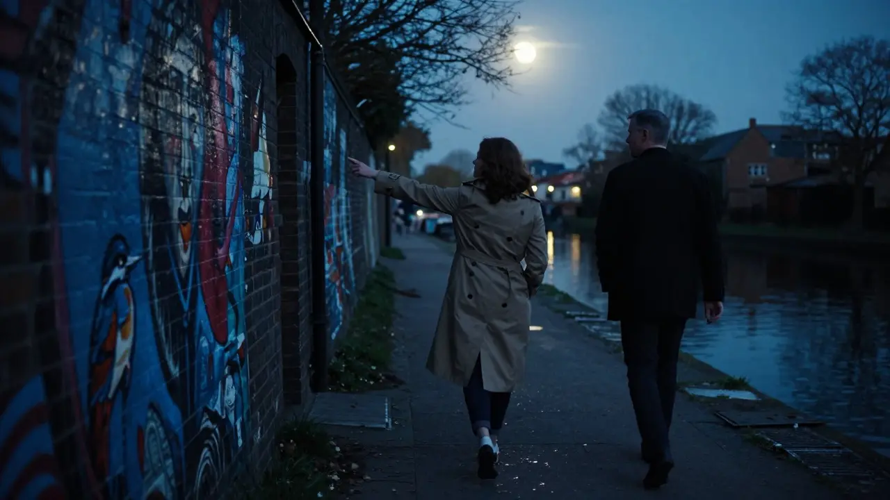 A quiet night walk along the Regent’s Canal, figures silhouetted under moonlight, kingfishers flying above the water.
