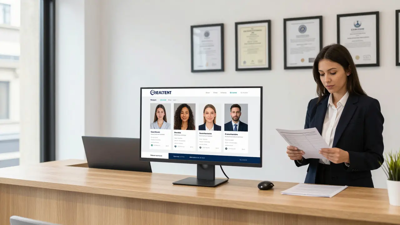 A receptionist in a clean London office displaying verified escort profiles and safety certifications on a monitor.
