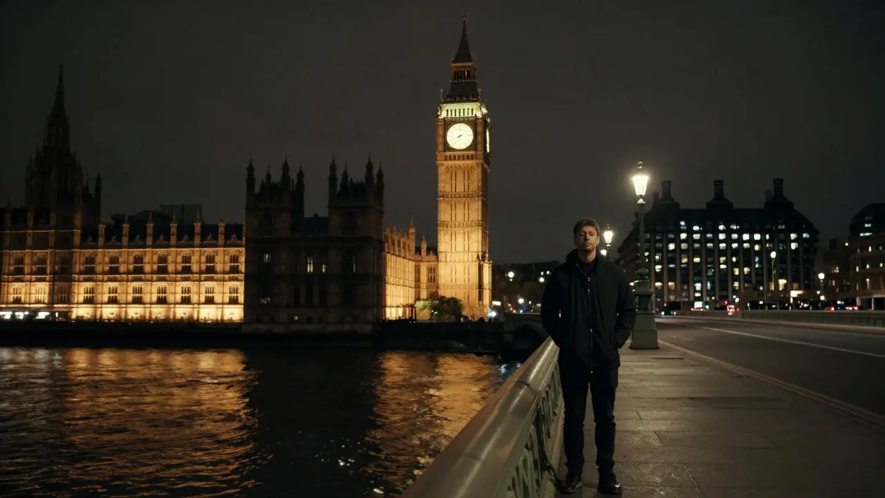 A solitary figure stands by the Thames at night, listening to Big Ben's chime as its reflection ripples on the water.