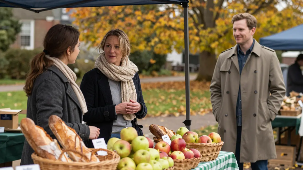 A woman chats warmly with a vendor at Kingston Green farmers' market, autumn leaves falling gently in the background.