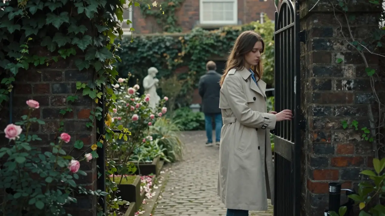 A woman hesitates at the entrance of a hidden garden behind Portobello Road, a shadowy figure just out of frame.