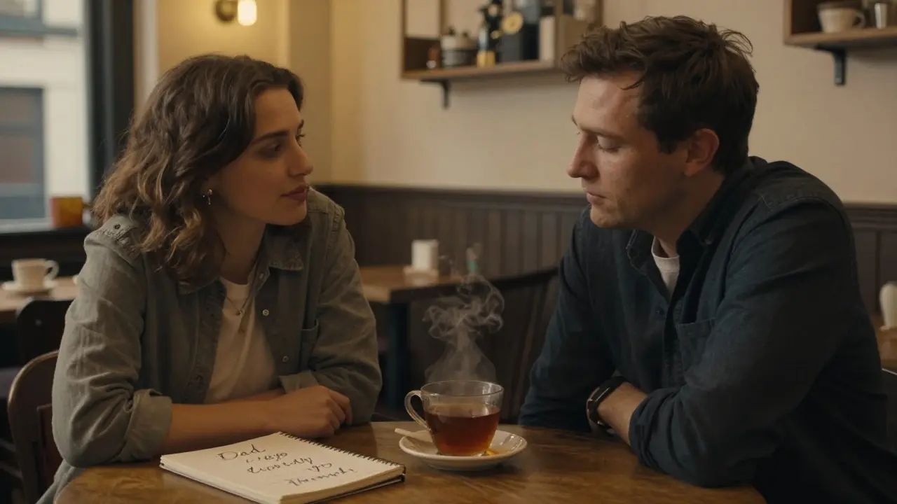A woman listening attentively to a man over coffee, their connection evident in their body language and stillness.