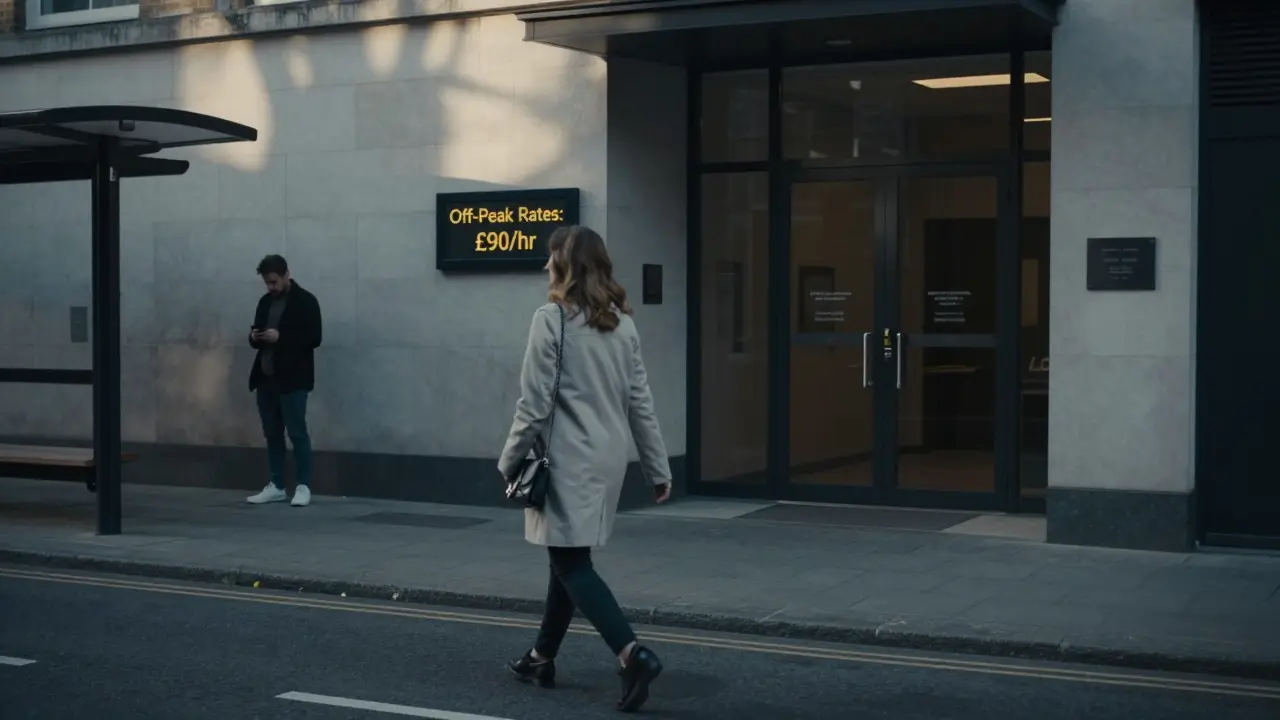 A woman walking toward a building in Southwark during off-peak hours, with a discreet price sign in the background.