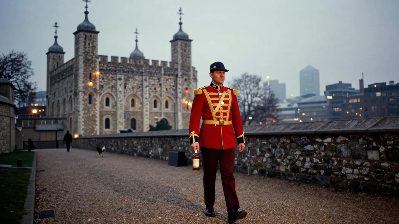 An elderly Beefeater walking at twilight, holding a rum bottle, the White Tower behind him under soft lamplight.