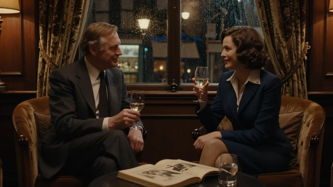An elderly man and a sophisticated woman share a quiet drink in a luxurious hotel lounge, rain streaking the window behind them.