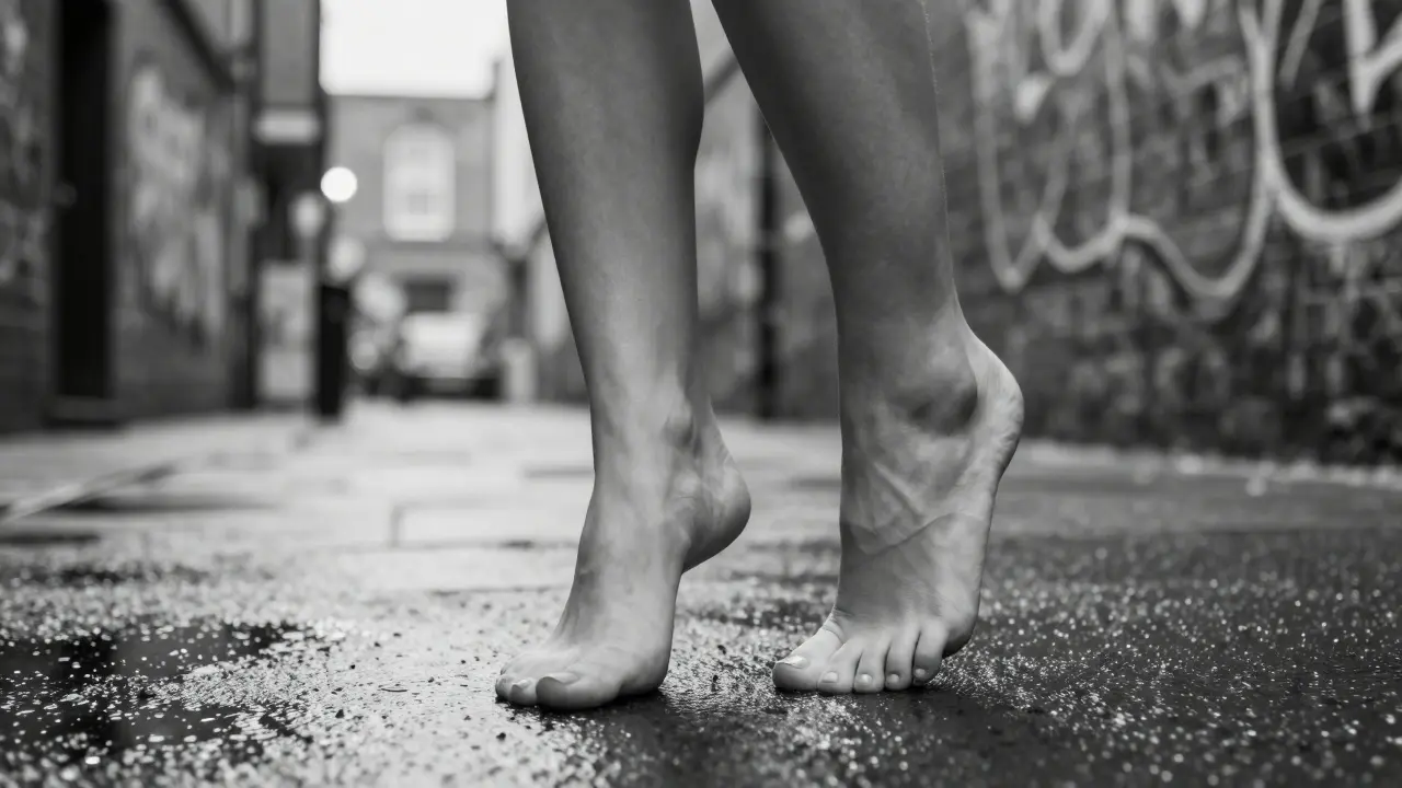 Bare feet on a wet Camden alleyway, streetlights shimmering in puddles, soft focus on toes and arches against graffiti walls.