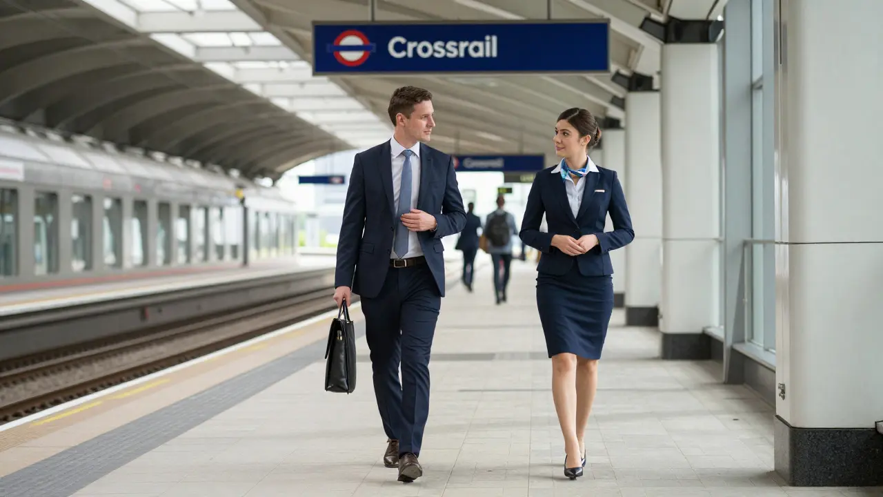 Discreet movement through Crossrail station by business professionals