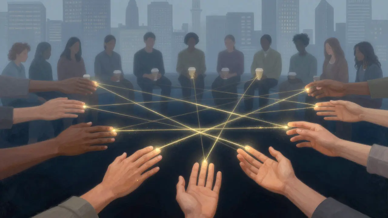 Hands reaching toward each other across darkness, connected by glowing threads of light, with faint silhouettes of community circles in the background.