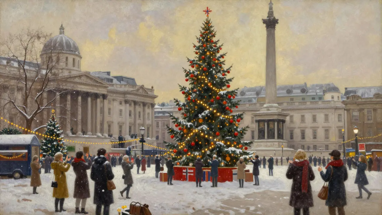 Norwegian Christmas tree with carol singers in Trafalgar Square