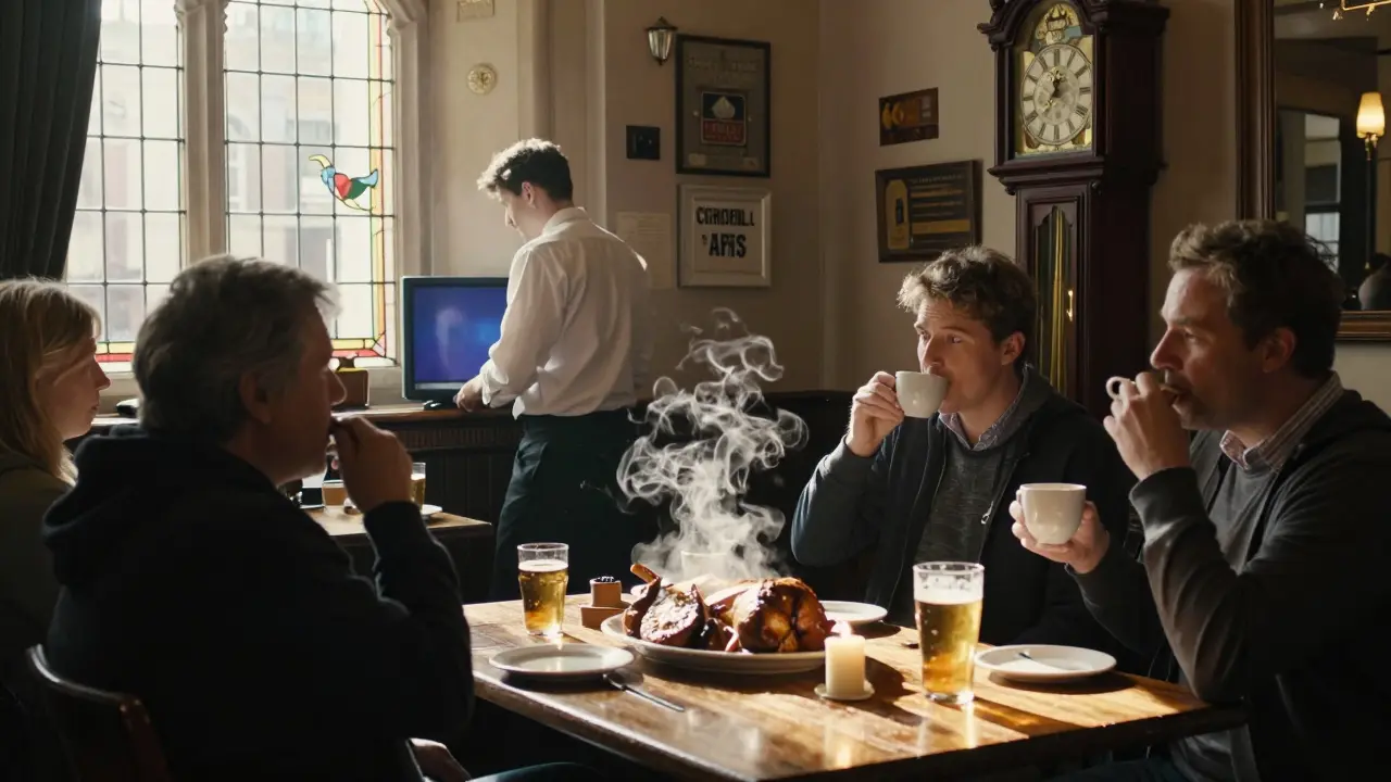 Patrons in a London pub stop to listen to Big Ben's noon chime, candlelight glowing beside a roast dinner.