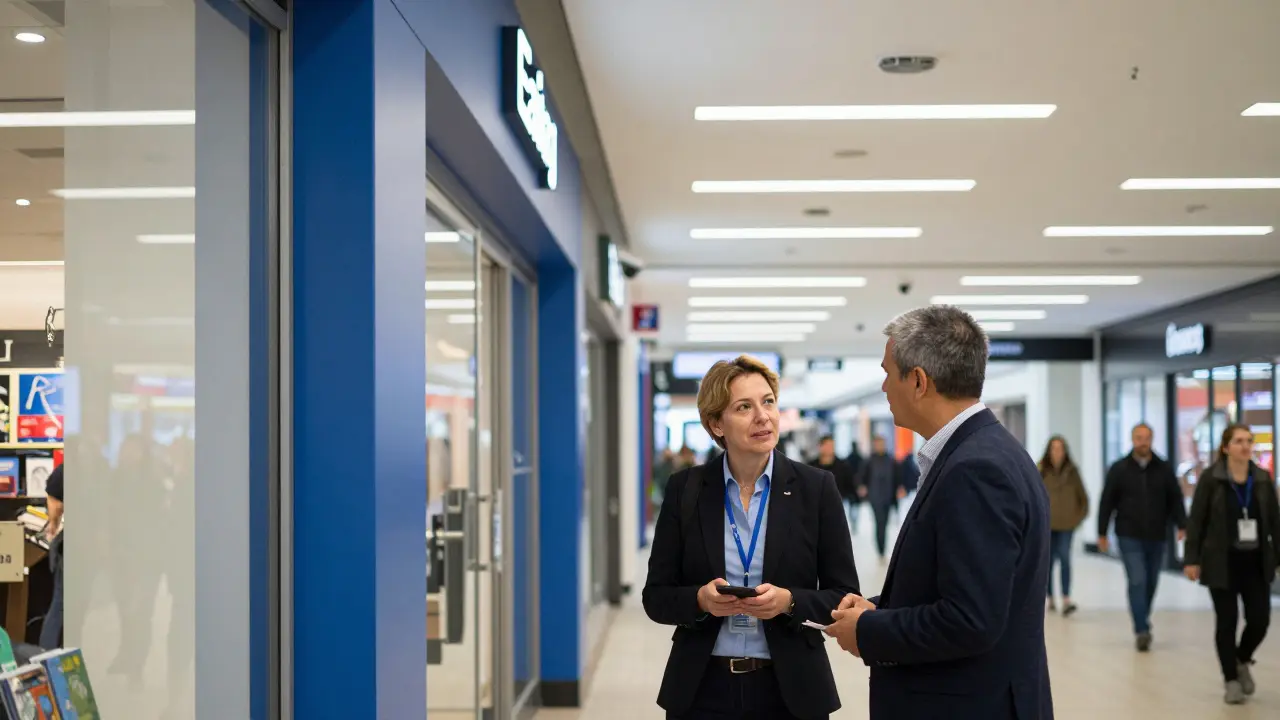 Professional meeting at Ealing Broadway Shopping Centre with security cameras and busy surroundings.