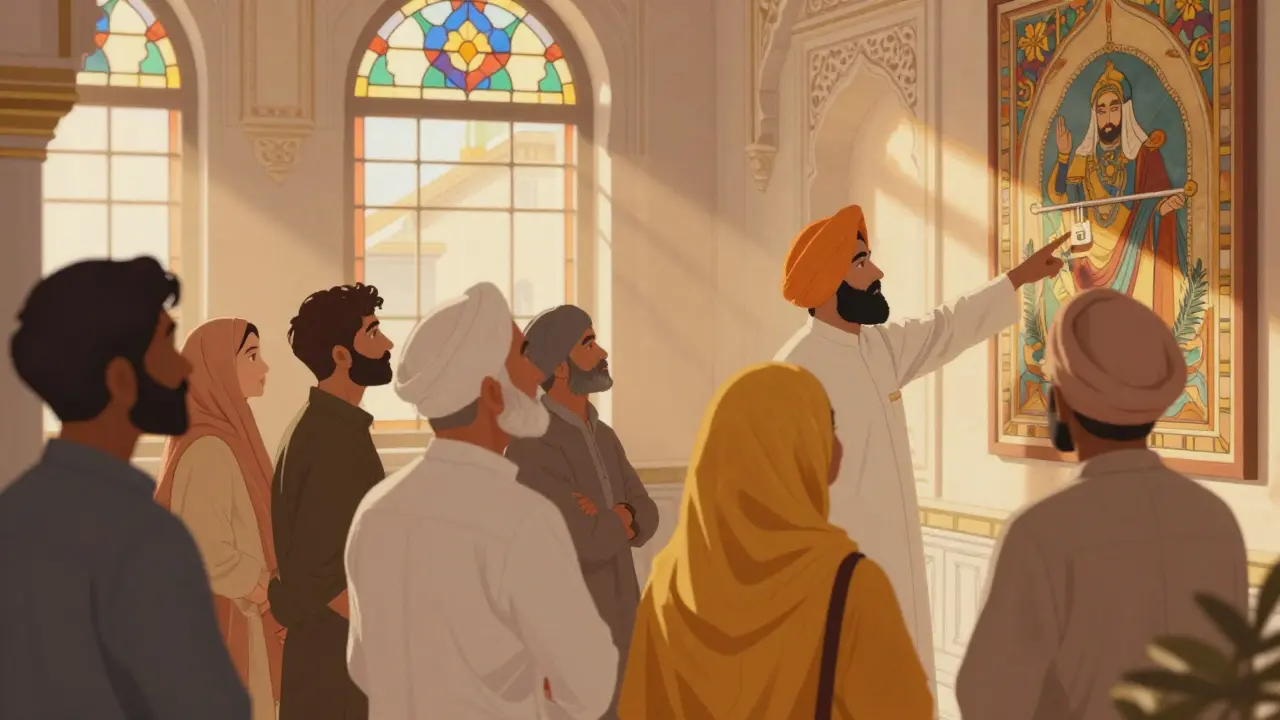 Serene interior of Southall Gurdwara with community members during cultural tour.