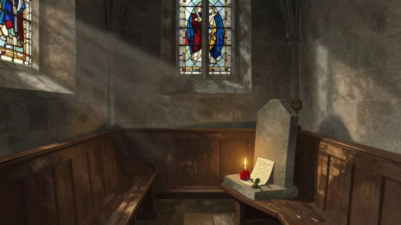 The quiet Chapel Royal of St Peter ad Vincula with a rose and note on a grave, candlelight casting gentle shadows.