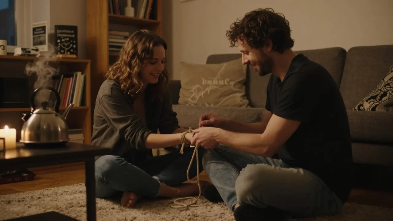 Two people sitting on a rug, one gently tying a rope around the other's wrist, surrounded by books and a glowing candle.