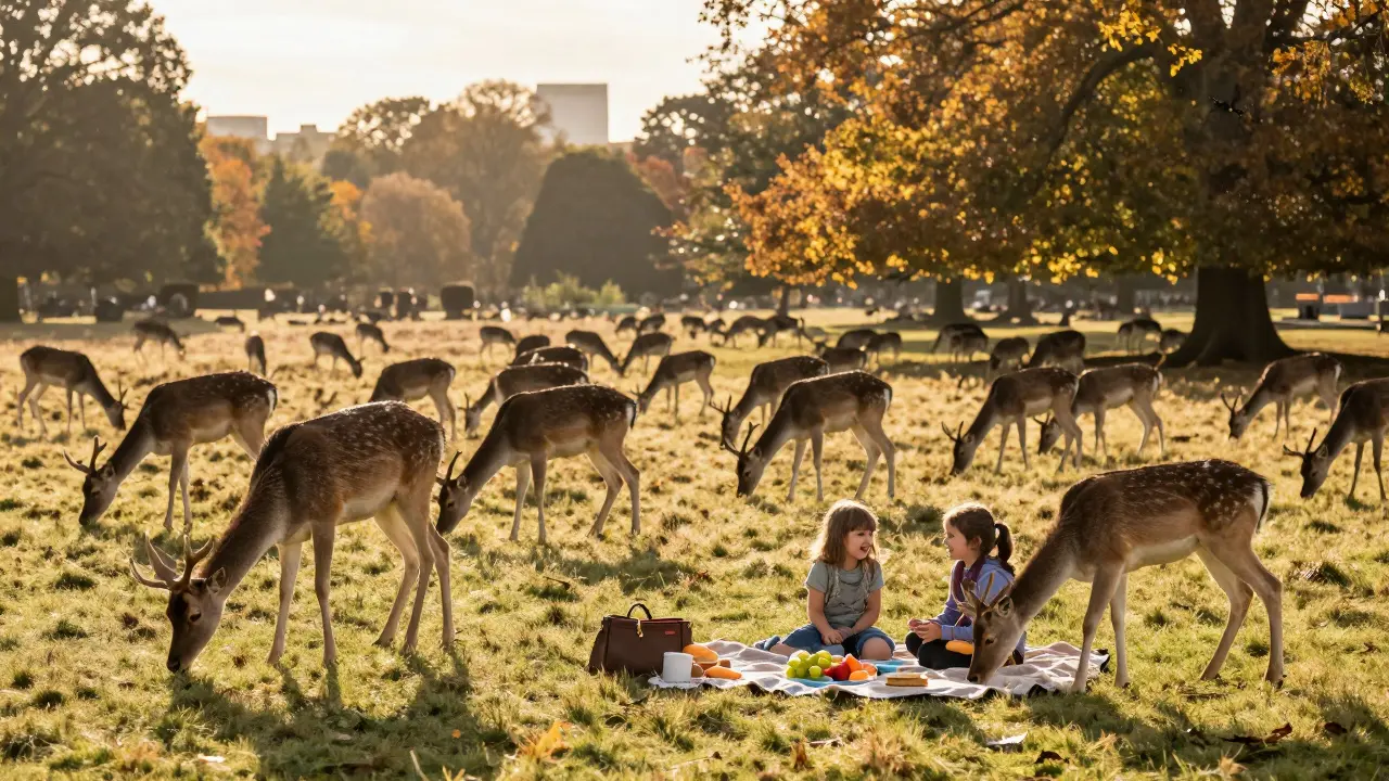 Wild deer grazing near a picnic in Richmond Park as children laugh in the golden autumn sunlight.