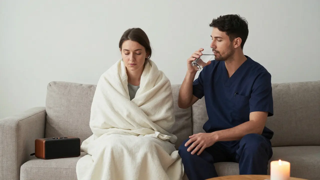 A client receiving aftercare wrapped in a blanket, supported by an escort in a calm space.