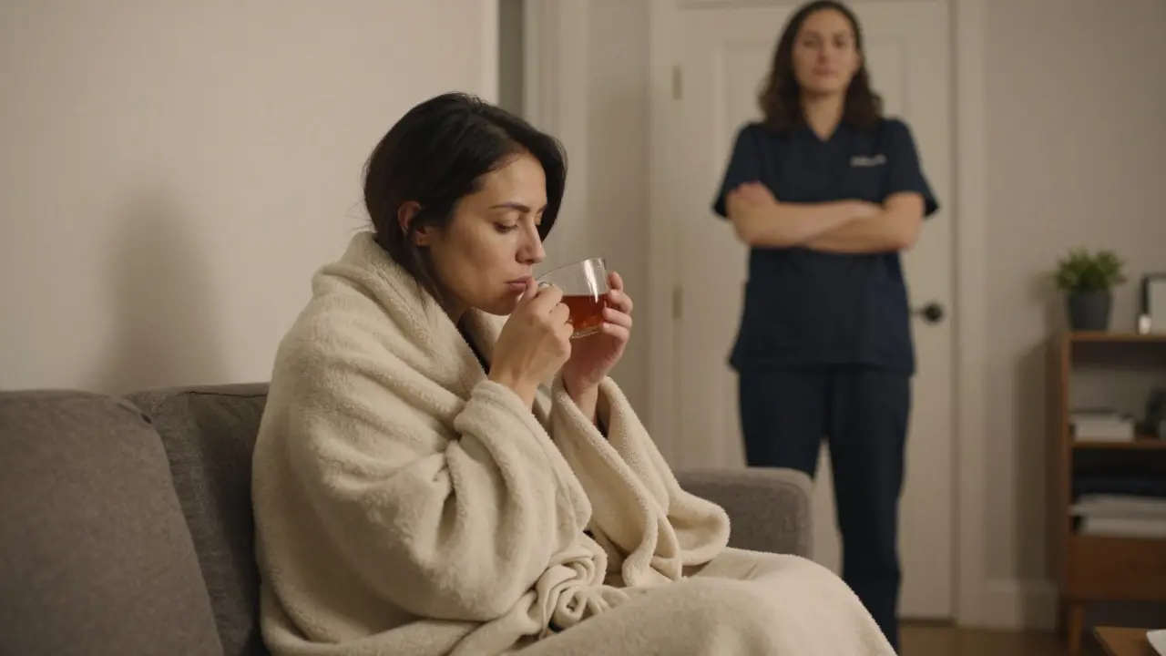 A client resting quietly after a session, sipping tea while a Dominatrix observes from a distance in silent aftercare.