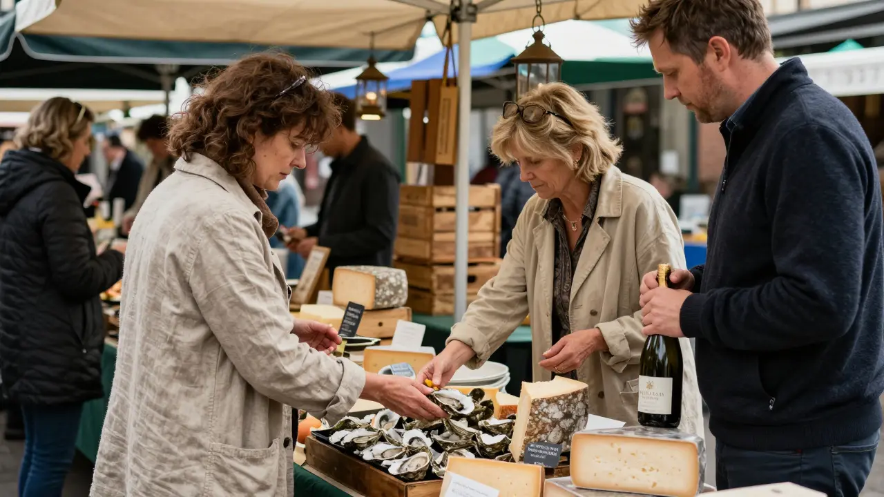 A couple shops at Bromley Market, selecting fresh oysters and cheese under a market awning on a Saturday morning.