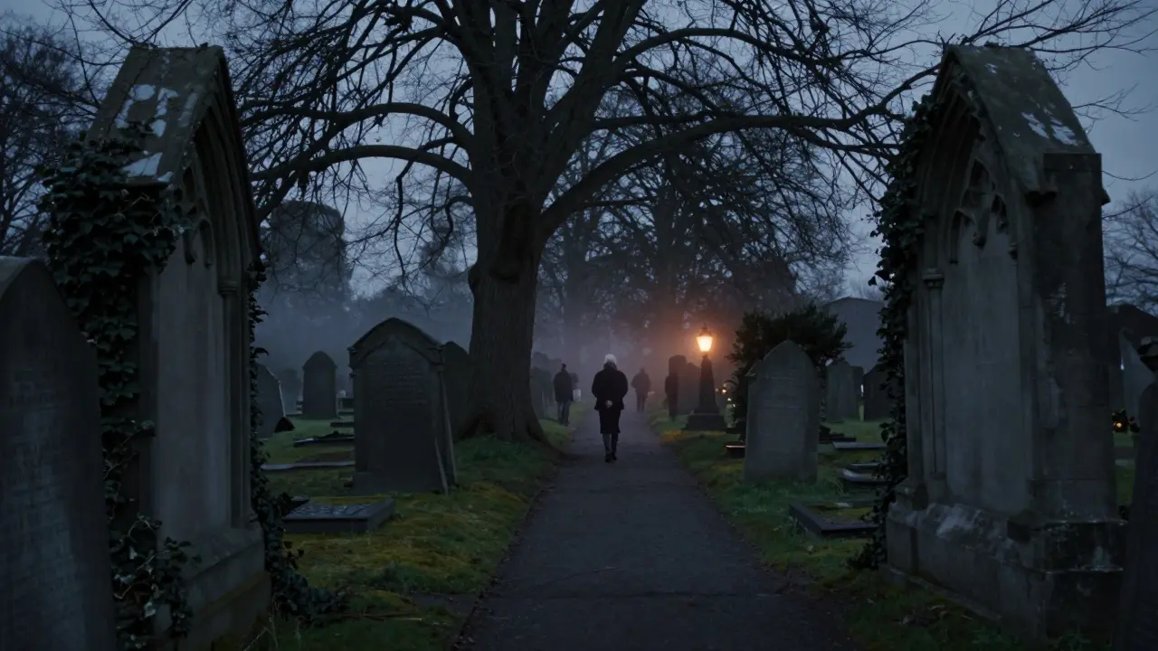 A ghostly figure standing without a shadow in Highgate Cemetery at twilight.