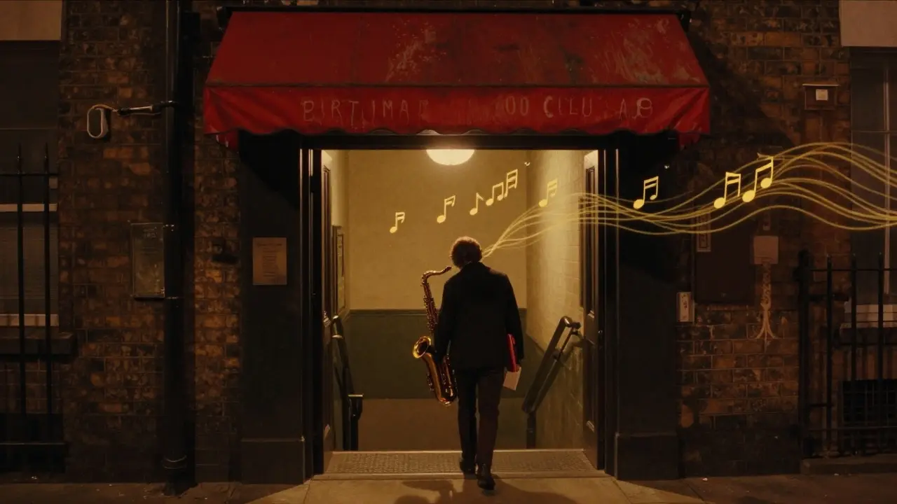 A lone figure descends into The 100 Club basement, where golden saxophone notes ripple through the air in the night.