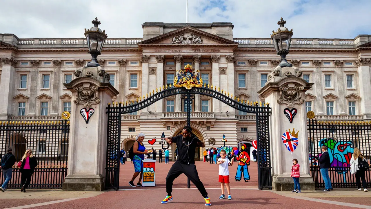 A massive mural of Buckingham Palace with open gates, filled with diverse Londoners celebrating culture.