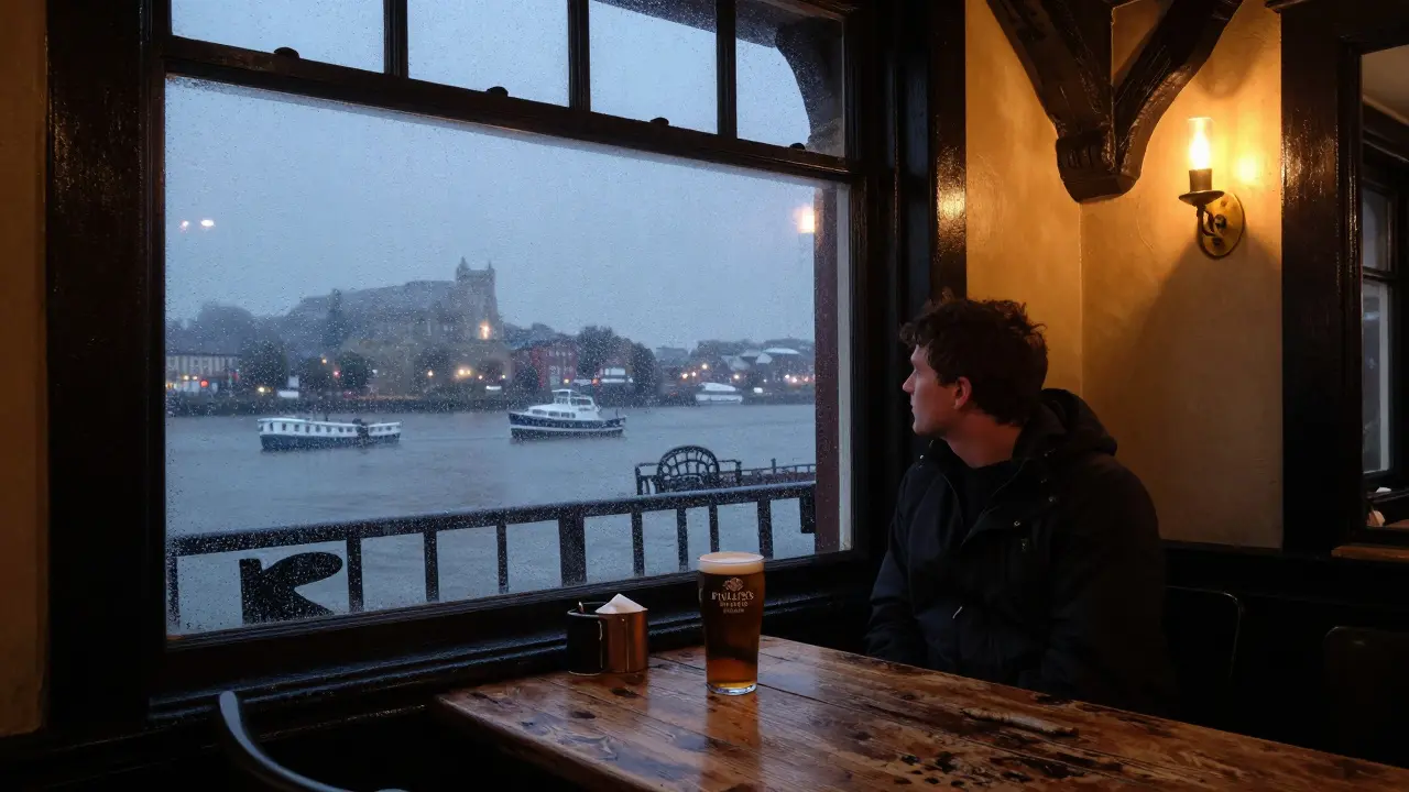 A solitary traveler gazes out at the Thames from The Prospect of Whitby pub, a pint beside them in the midnight quiet.