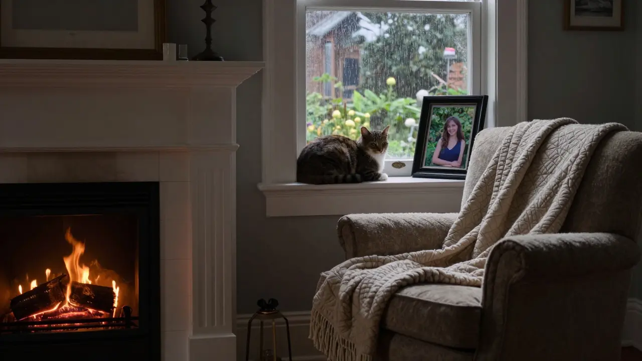 A warm Richmond space with a fireplace, cat, and quilted blanket, radiating comfort and quiet humanity.