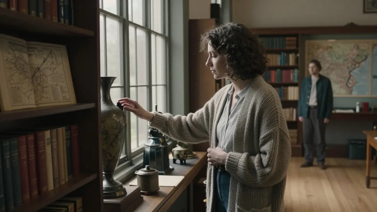 A woman gently examines a historical artifact in the peaceful, sunlit Harrow Heritage Centre.