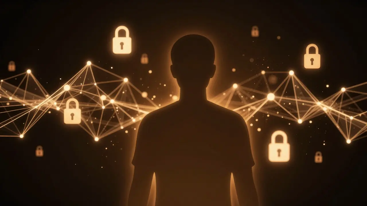 Abstract visualization of digital privacy and encrypted communication.