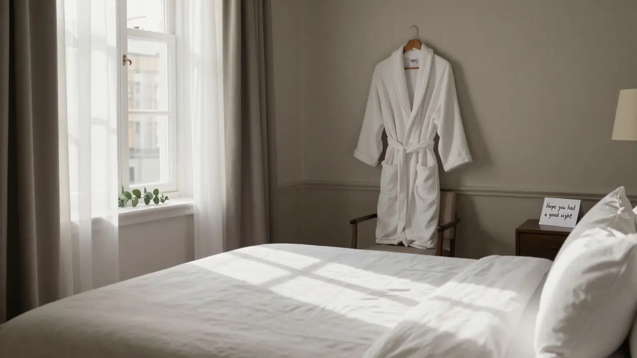 An immaculately prepared London bedroom with fresh linens and a simple, polite note left for a guest.