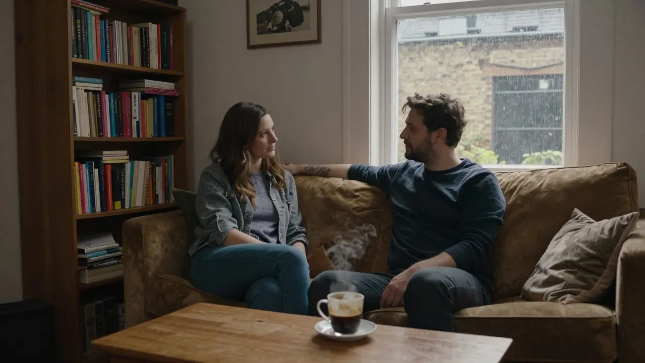 An intimate moment inside a warm, lived-in apartment with books, coffee, and soft rain on the window.