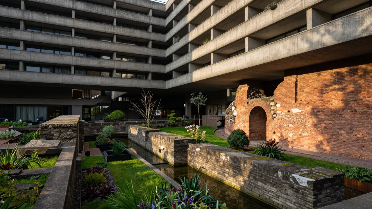 Barbican Estate brutalist buildings beside ancient Roman walls