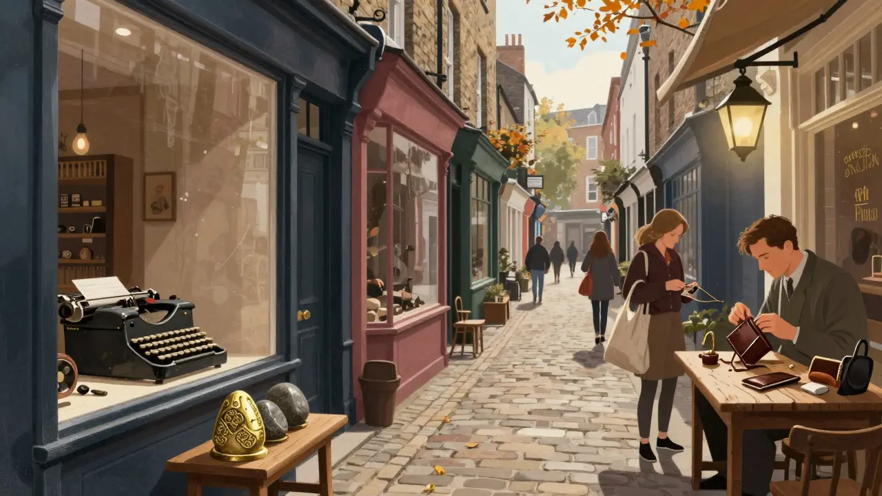 Camden Passage on a quiet weekday morning with a vintage typewriter, brass doorstops, and a leatherworker stitching by hand.