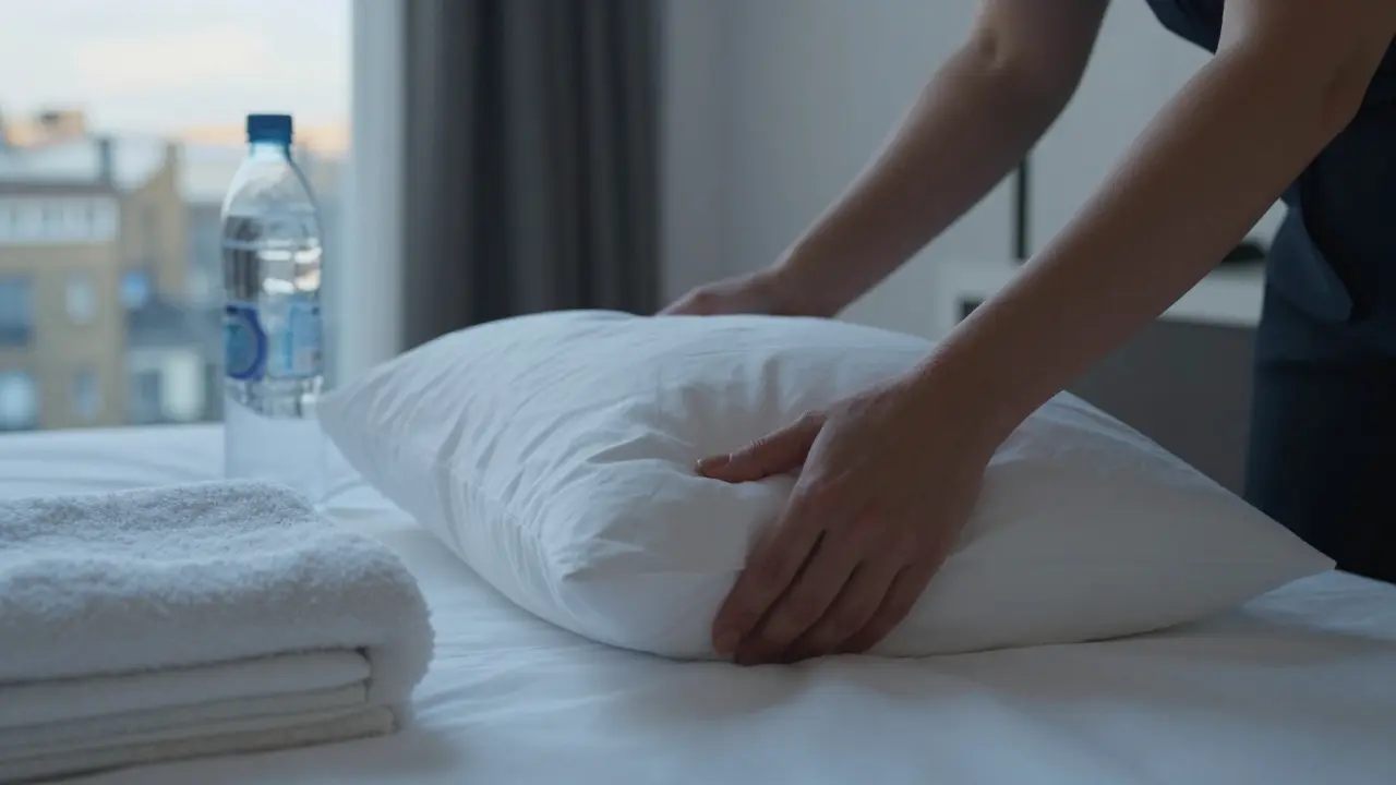 Clean hands adjusting a pillow in a pristine hotel room, symbolizing quiet professionalism and attention to detail.