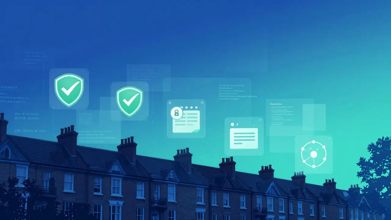 Digital interface concept overlay on British architecture