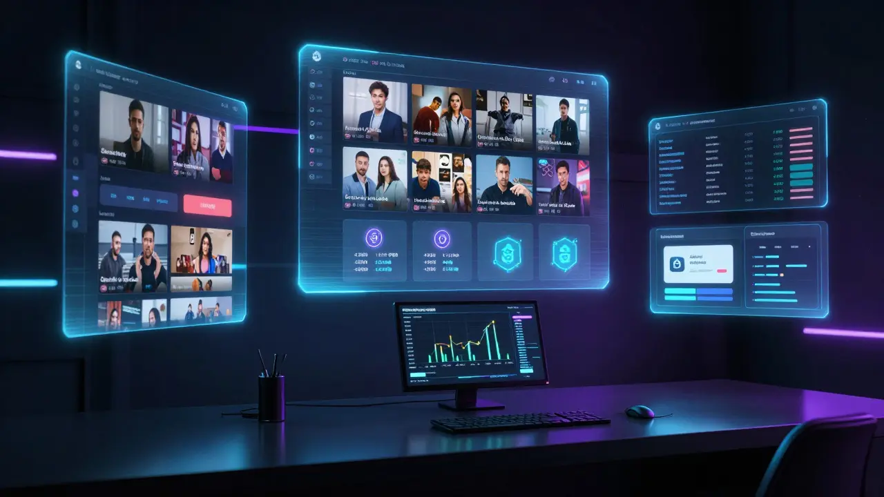 Digital streaming platform interface with analytics and security features displayed
