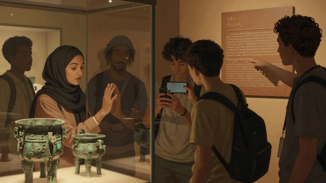 Diverse visitors gathered before the Benin Bronzes, one woman touching the display case with reverence as a teen films and a volunteer explains the history.