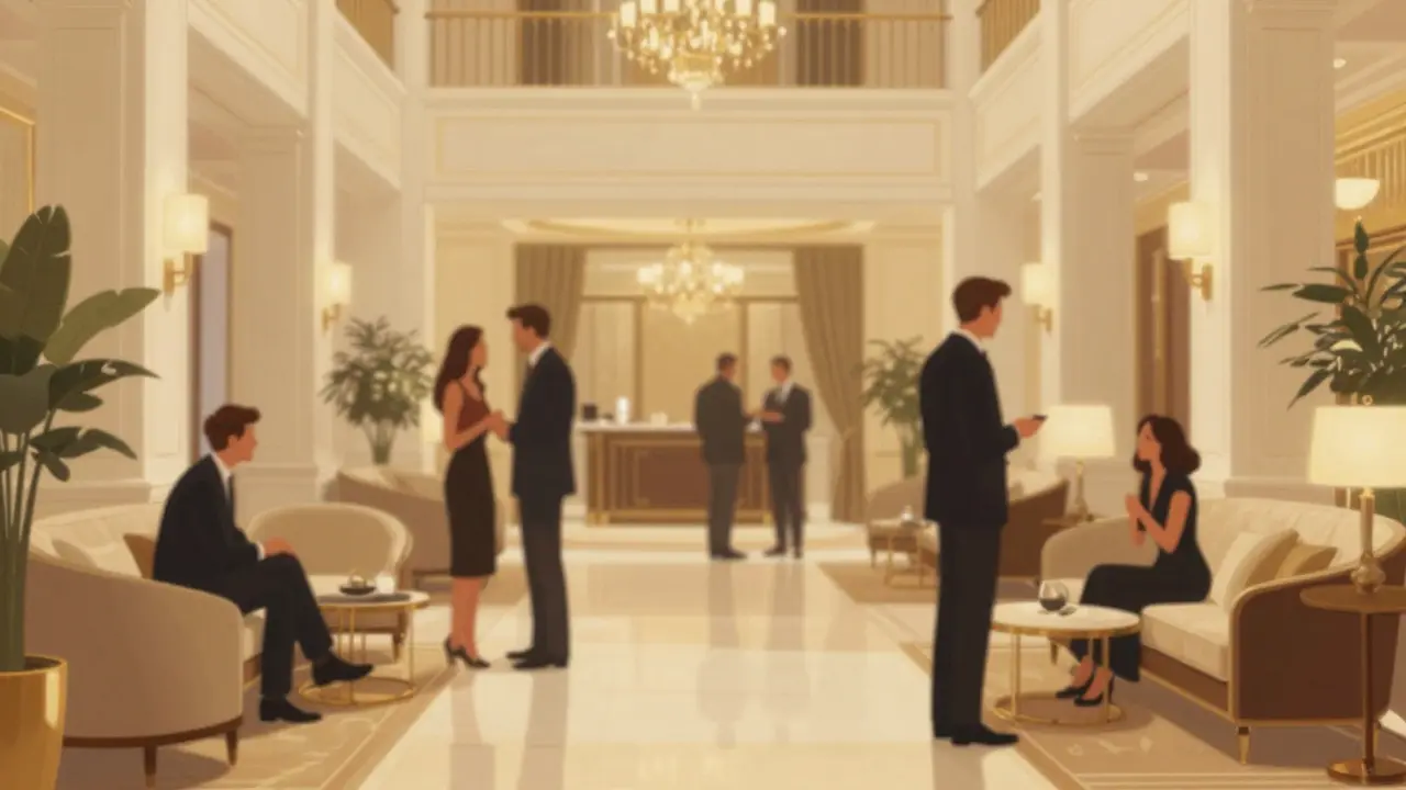 Elegant hotel lobby interior with blurred figures in formal attire.