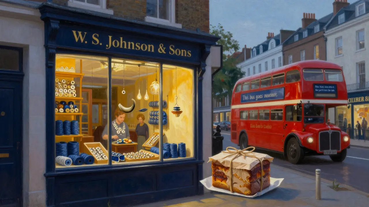 Notting Hill haberdashery window with wool and buttons, a wrapped fruit cake, and a vintage London bus passing at twilight.