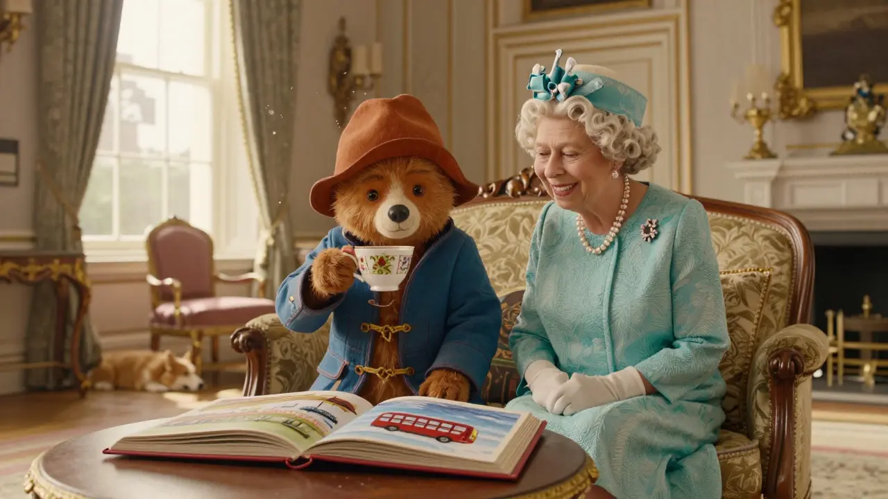 Paddington Bear sipping tea with the Queen in a luxurious Buckingham Palace room.