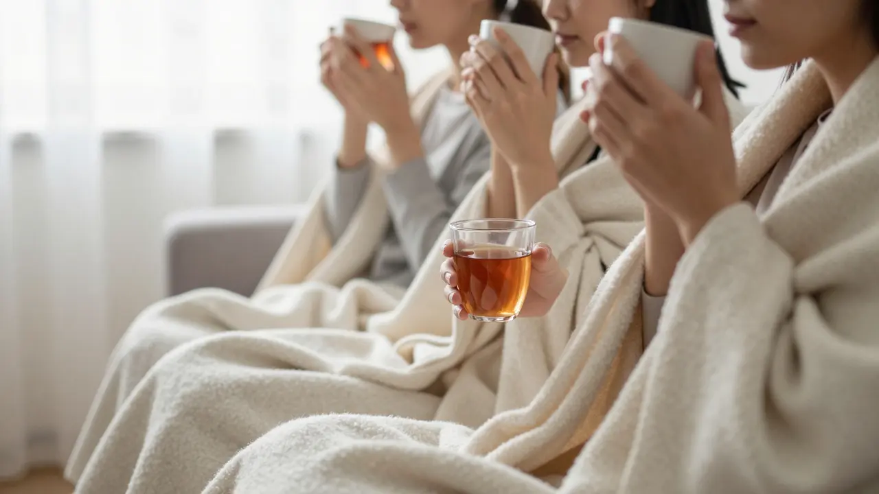 People relaxing together in blankets with warm drinks indoors.