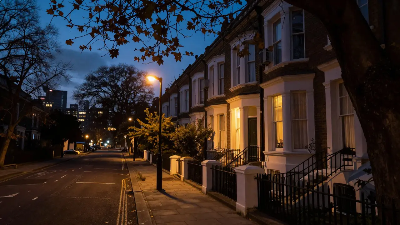 Quiet residential street in South East London at dusk