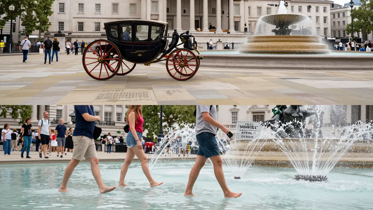Split image: Queen Victoria’s carriage over historic stones above, modern visitors in fountain spray below, with faint plaques and statues subtly overlaid.