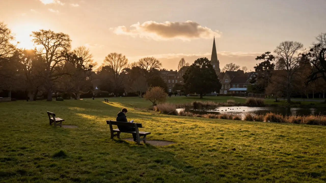 Sunset over Bromley Common, a solitary figure on a bench beside a pond, quiet and serene.