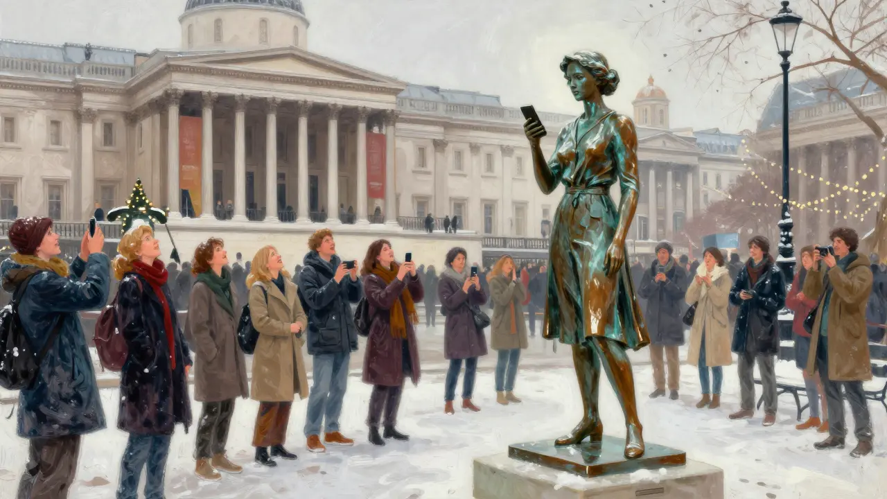 The Fourth Plinth with a bronze woman holding a smartphone, snow-dusted ground, festive lights, and a crowd of diverse onlookers under winter sky.