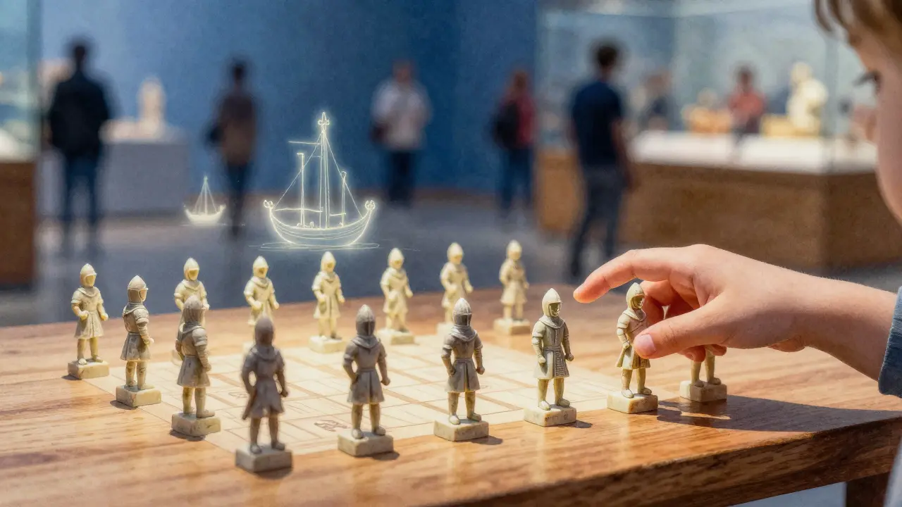 The Lewis Chessmen on a wooden table, a child's finger hovering above a knight, faint mythical outlines glowing from the ivory pieces in a dreamlike scene.