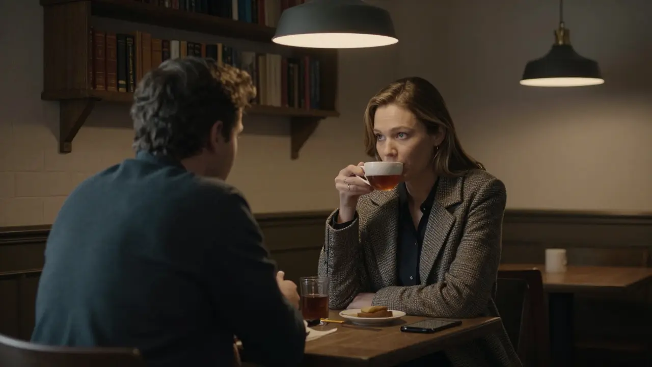 Two people enjoy quiet conversation in a cozy Kingston café, bathed in warm light among bookshelves.